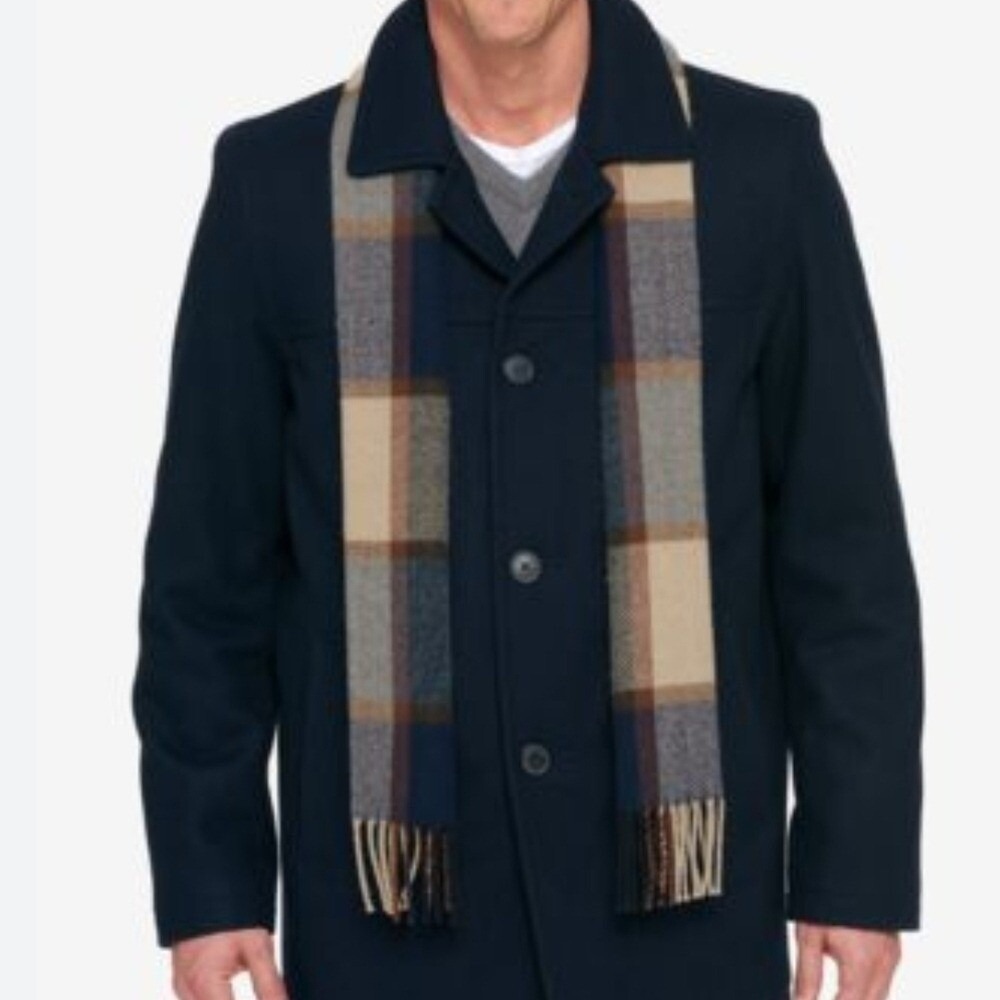 Tommy Hilfiger Men's Wool Walking Coat Trench Coat With Plaid Scarf